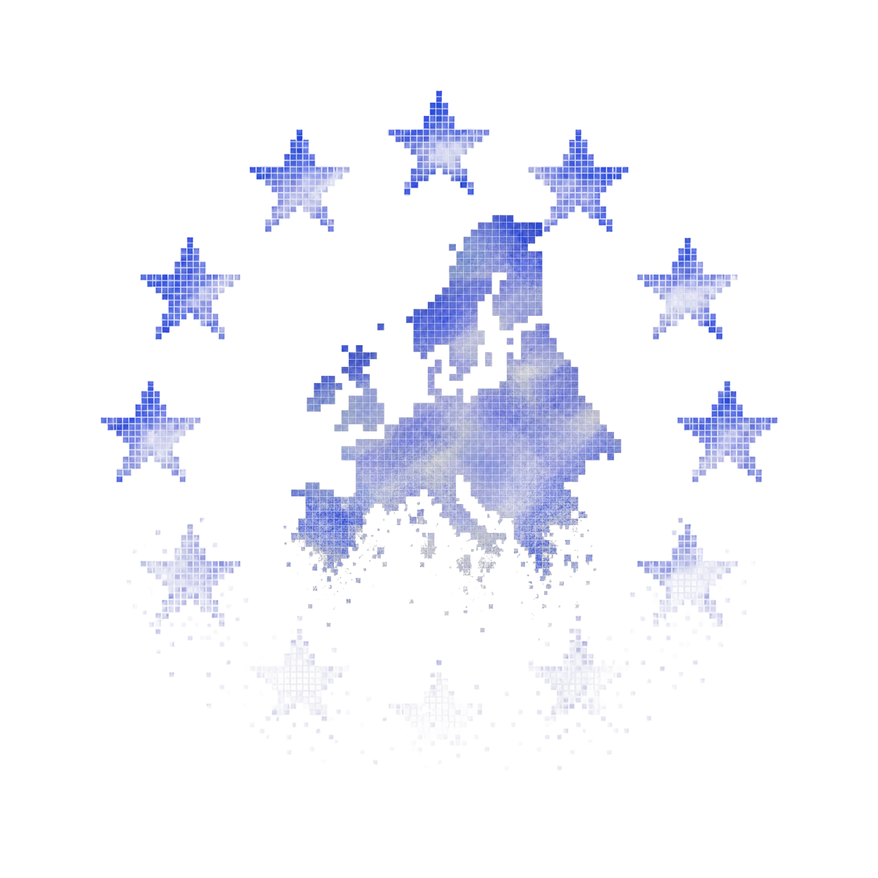 The twelve EU stars dissolving into pixel dust, framing a mosaic of the Europe map at the centre.